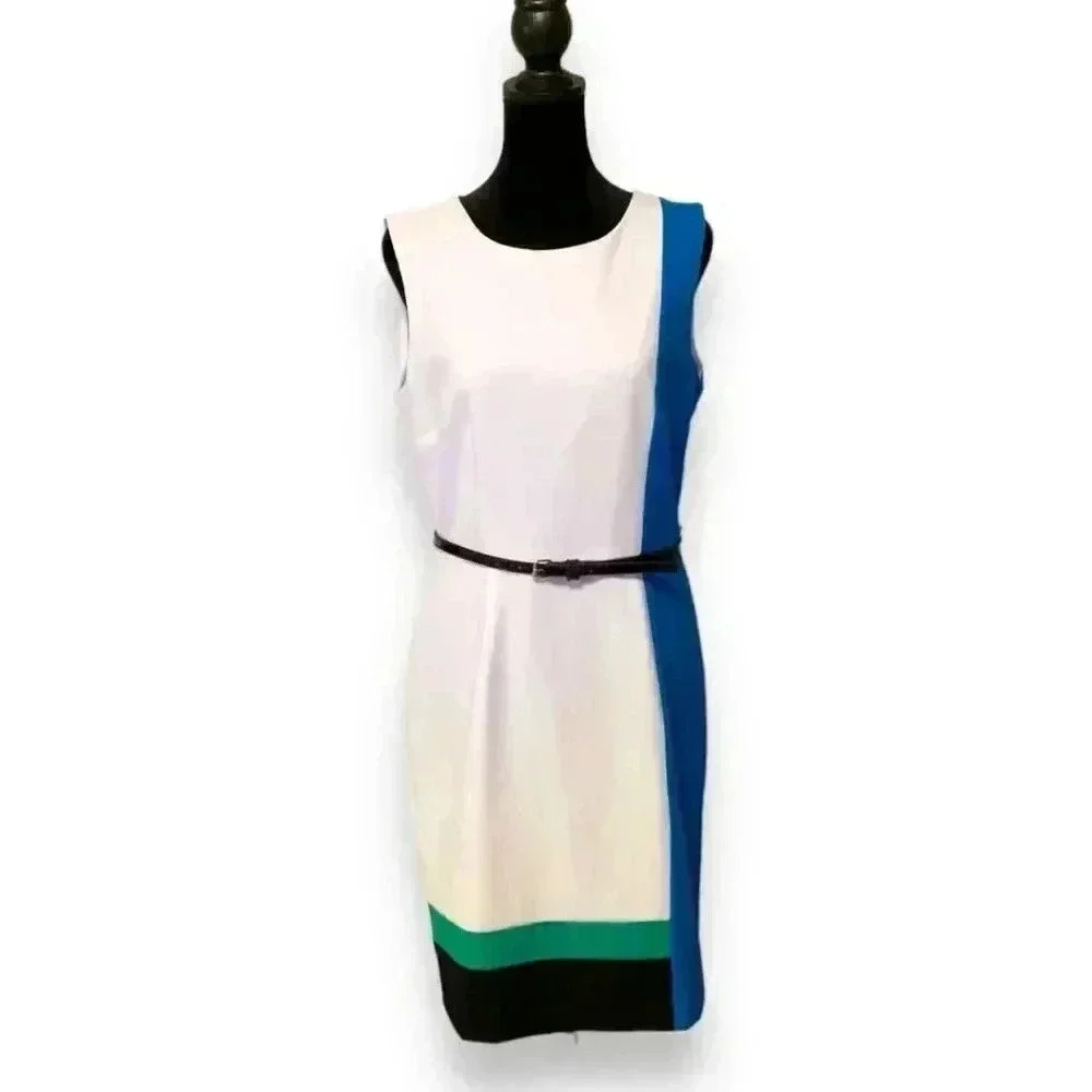 Calvin Klein Colorblock Size 8 Knee Length Black Leather Belted Casual Dress - Picture 13 of 16
